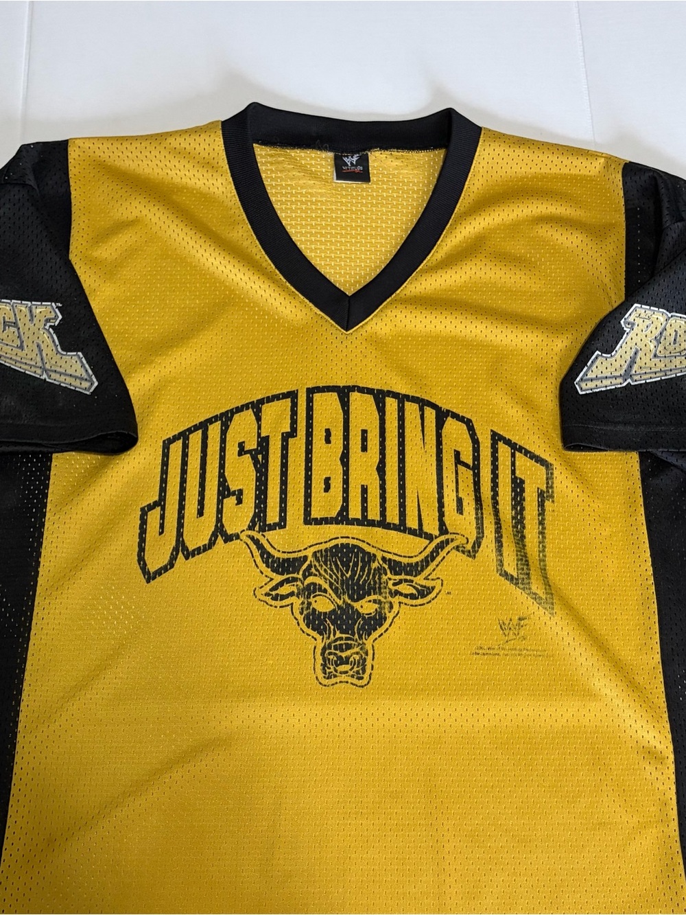 2002 WWF ATTITUDE THE ROCK Just Bring It Yellow & Black V-Neck Jersey Shirt